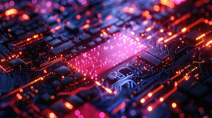 Fototapeta premium Abstract image of a circuit board with glowing lines and a chip in the center.