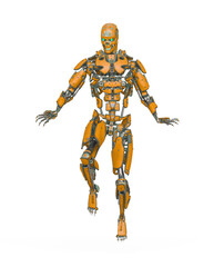 mega cyborg is floating and looking for action in white background