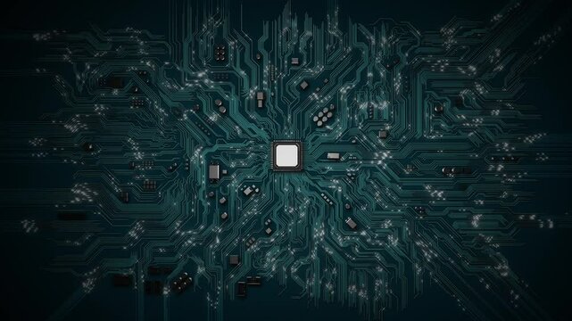 Electronic circuit board processor chipset circuit board background. Futuristic cyberspace concept. Quantum computer, data processing, database. CPU isometric banner. Central Computer Processors CPU