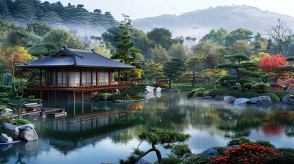 A serene Japanese garden with a small house and a pond