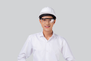 Portrait young asian engineer man wearing helmet excited isolated white background, male is architect or contractor with glad and success, contractor proud and satisfied, industrial concept.