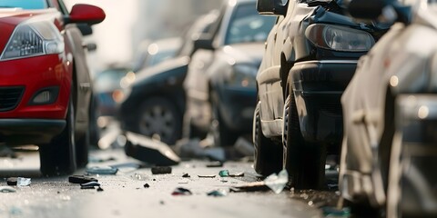 Obraz premium Intense emergency response to a vehicular pileup blocking road after investigation. Concept Emergency Response, Vehicular Pileup, Road Blockage, Investigation, Intense Situation