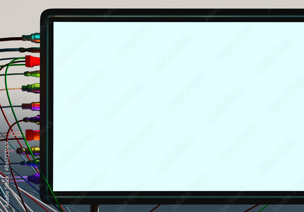 Poster digital display. gadget with wires. blank screen of industrial equipment. tablet computer at moment 