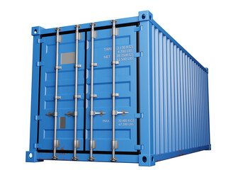 Transport container. Blue tare for transporting goods by sea. Cargo container isolated on white. Closed container with capacity data. Twenty foot cargo tare. Delivery, logistics. 3d image