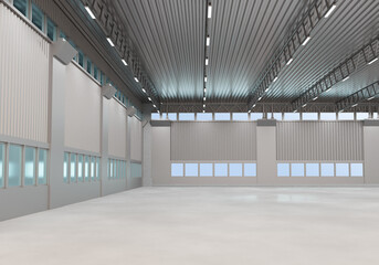 Empty industrial building. Warehouse hangar with nothing. Interior of empty factory. Place for placing industrial equipment. Factory building from inside. Blank hangar with small windows. 3d image