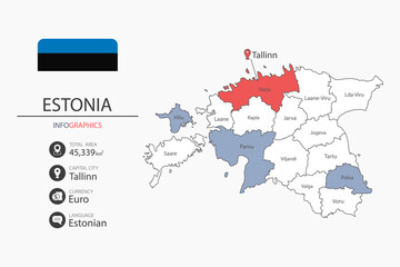 Estonia map infographic elements with flag of city. Separate of heading is total areas, Currency, Language and the capital city in this country.