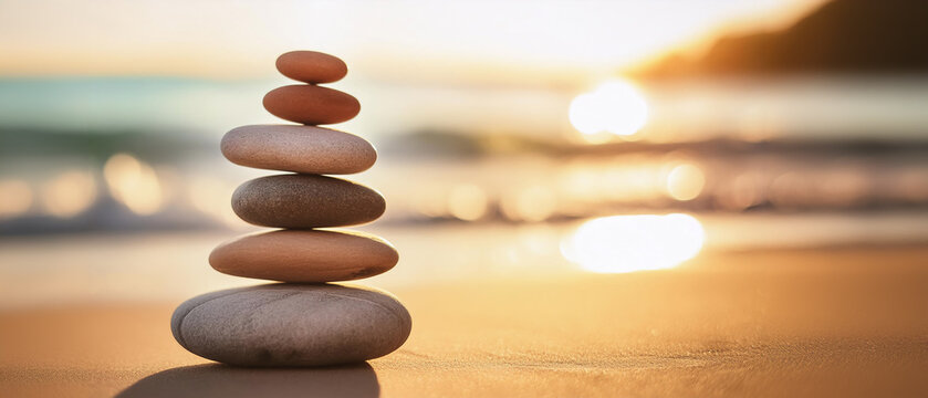 Balanced stones stacked on a tranquil sandy beach in sunset with a serene ocean backdrop, calm relaxation meditation wellness free copy space