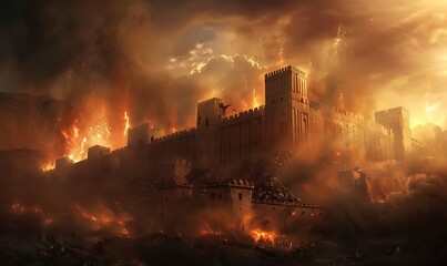 Obraz premium An intense, dramatic scene with Jericho's walls collapsing under a stormy, fire-lit sky, emphasizing the chaos and destruction