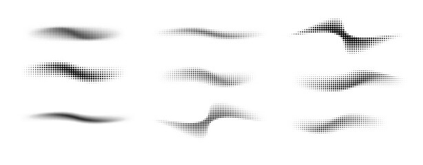 Dotted halftone waves. Abstract shapes, wave effect dotted gradient. Halftone graphic dots waves. Wave dotted halftone. Vector