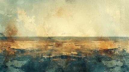 Obraz premium Abstract landscape with a blend of blue, gold and brown tones. A horizon line separates a cloudy sky from a textured earth. Suitable for nature, art, or design backgrounds.