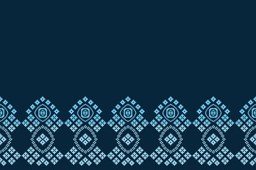 Traditional black ethnic motifs ikat geometric fabric pattern cross stitch.Ikat embroidery Ethnic oriental Pixel blue background.Abstract,vector,illustration. Texture,decoration,wallpaper.