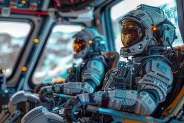 Futuristic astronauts in advanced space suits operate a high-tech spacecraft with illuminated panels and digital interfaces.