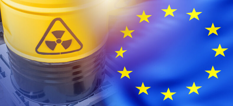 Nuclear waste. European union. Barrel with symbol radioactive danger. EU flag. Uranium for European countries. Nuclear waste in barrel. Fuel for nuclear power industry of European union. - Powered by Adobe