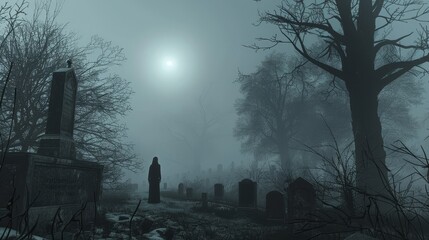 Ghostly Figure in Eerie Cemetery at Night Spooky Graveyard Scene with Fog Moonlight and Creepy Tombstones