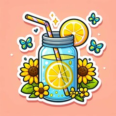 A cute sticker of a lemonade jar with a straw, lemon slice, and sunflowers. the background is pink.