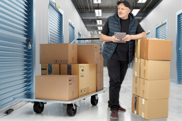 Man owner of storage unit. Self warehouse room. Man with boxes at gate in storage unit. Guy rents...