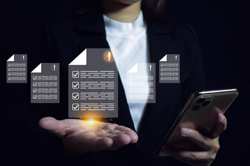 Business checking the steps through a virtual online document with a list of checkboxes concepts of practices and policies, company articles of association Terms and Conditions, check list.