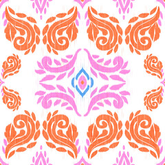 Floral Ikat linen abstract. The seamless pattern in tribal, folk embroidery damask style. geometric art ornament print. Design for carpet, wallpaper, clothing, wrapping, fabric, ceramic.
