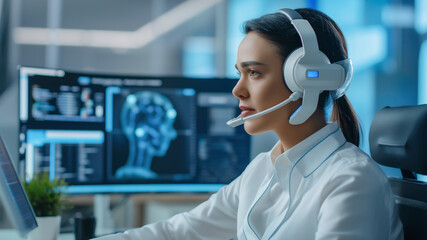 A woman wearing a headset, representing customer service or a call center agent and ai chatbot having a conversation with a customer on a website, AI technology and innovation.
