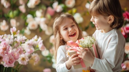 Fototapeta premium Two children smile joyfully as they exchange a gift amid a backdrop of blooming flowers, showcasing a heartwarming moment of friendship and happiness.