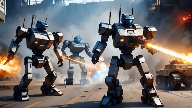 Robot war with laser weapons. Battle with army of robots