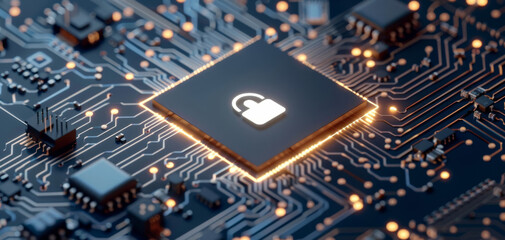 Black circuit board background with data security symbol, white digital "i" icon in chip center, 3D rendering, big limbs style