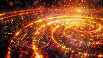 Obraz premium Futuristic circuit board with glowing orange data streams and digital particles, representing advanced technology, AI, and interconnected networks.