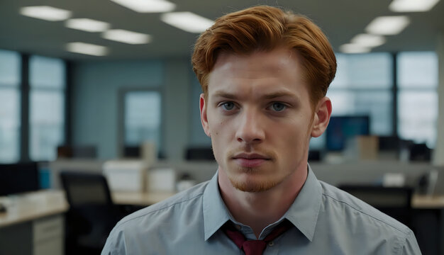 Shaun, a 25 year old man, caucasian, grey eyes, red hair, wearing dress shirt.