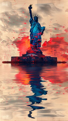 statue of libery. Statue of liberty. Low camera angle. red white and blue pop art.generative ai