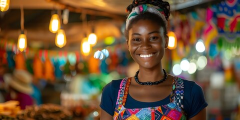 Obraz premium A Woman Radiates Warmth in a Vibrant Market Setting. Concept Portrait Photography, Local Marketplace, Vibrant Colors, Joyful Expression, Women Empowerment
