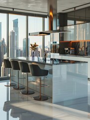 A modern kitchen with a large window showing the city skyline