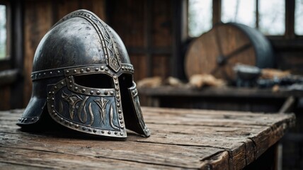 Viking helmet on an old wooden table, hut in the background.