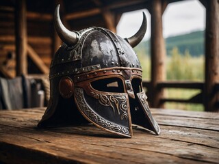 Viking helmet on an old wooden table, hut in the background.