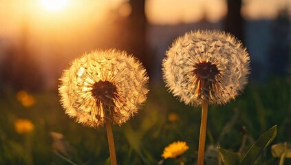 Dandelion against the backdrop of the setting sun. Lightness concept.
