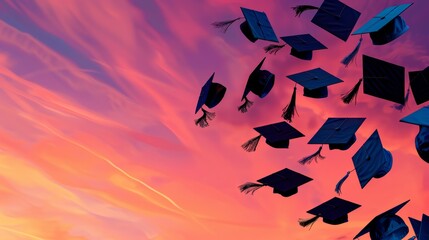 Triumphant Graduation Caps Soar Against Vibrant Sunset Sky Symbol of Achievement and Success