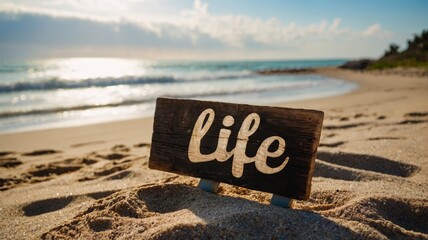 Wooden sign on the beach with the word life written on it.