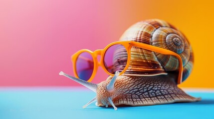 Image of stylish Snail in trendy sunglasses and outfit looking at camera against two colored background, Copyspace