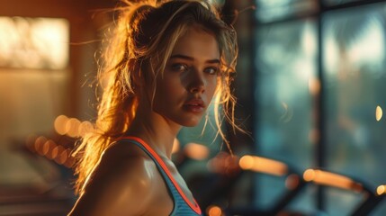 Fototapeta premium Healthy woman working out at gym running on treadmill focused determined expression vibrant lighting