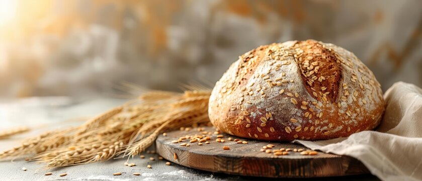 Rustic bread with seeds on wooden board beige cloth and wheat stalks backdrop enhancing artisanal feel soft warm light - Powered by Adobe
