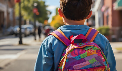 A male child with a colorful backpack walking away down the street.
