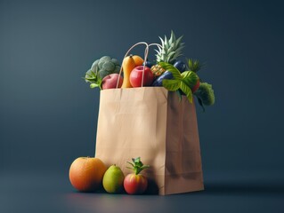 Futuristic 3d paper bag groceries with fruits and vegetables in dark blue background. AI generated