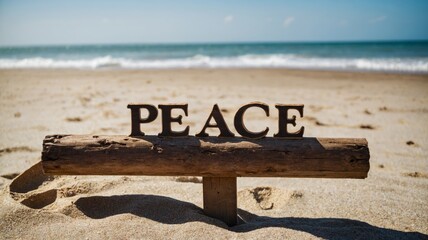 Wooden sign on the beach with the word peace written on it.