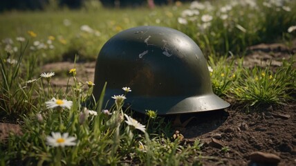 WWII soldier helmet on the ground with grass and flowers.