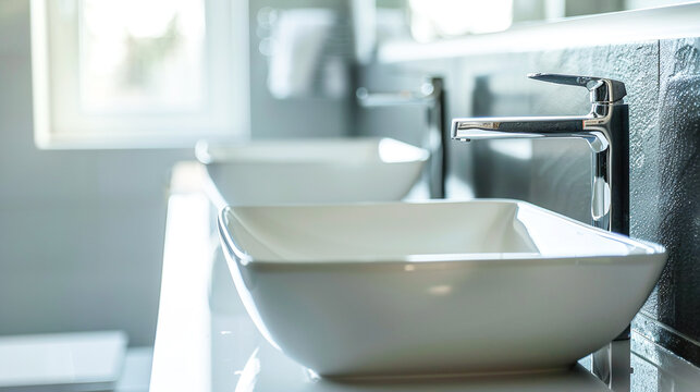 Modern bathroom interior design white ceramic wash basin with stainless steel faucet. Minimalist ergonomic design in Scandinavian style