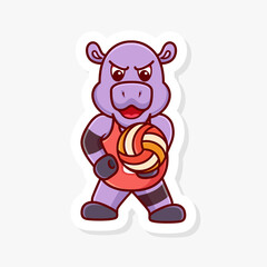 Fototapeta premium Hippo ready to hit a volleyball, cute cartoon character of animal doing sport.
