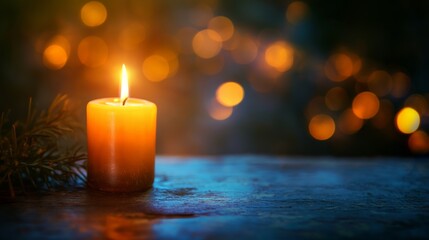 A candle radiating warm light rests on a wooden surface, surrounded by calming background lights that create a peaceful and serene atmosphere for relaxation.