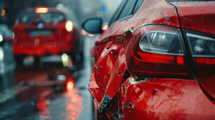 Red car accident closeup shot.