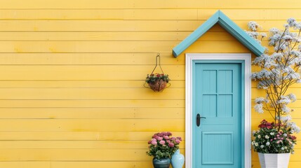 A blue door with a white trim sits in front of a yellow house. The door is open and the house is surrounded by potted plants. Scene is warm and inviting, with the bright colors of the house