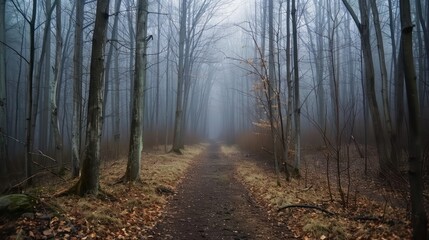 Fototapeta premium A path through a forest with trees in the background. The path is covered in leaves and the sky is cloudy