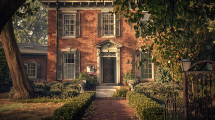 Fototapeta premium A classic red brick house stands as an enduring symbol of timeless charm. The rich texture and warm hues create an inviting and comforting ambiance, blending tradition with enduring style.